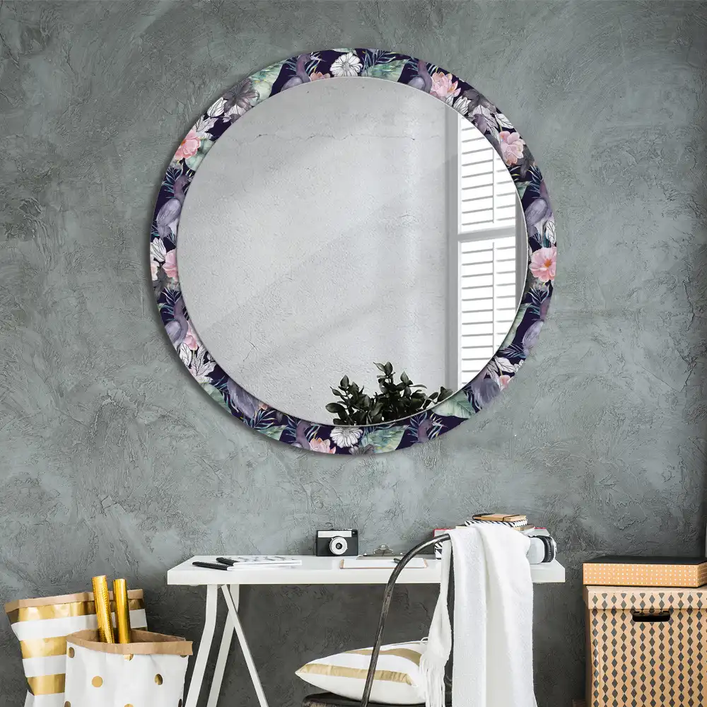 Round printed mirror Herons birds