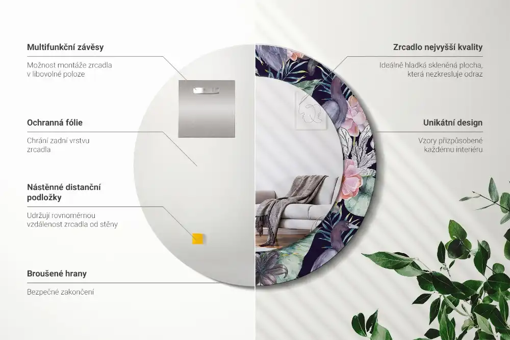 Round printed mirror Herons birds