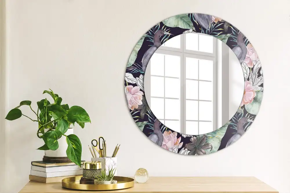 Round printed mirror Herons birds
