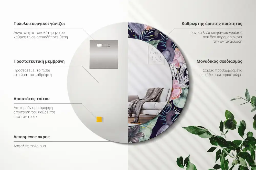 Round printed mirror Herons birds