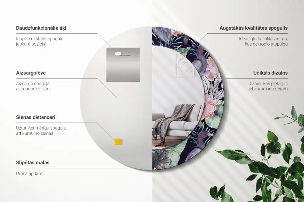 Round printed mirror Herons birds