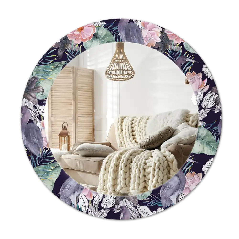 Round printed mirror Herons birds