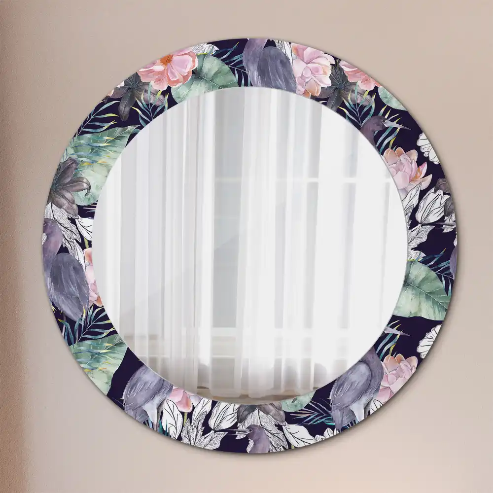 Round printed mirror Herons birds