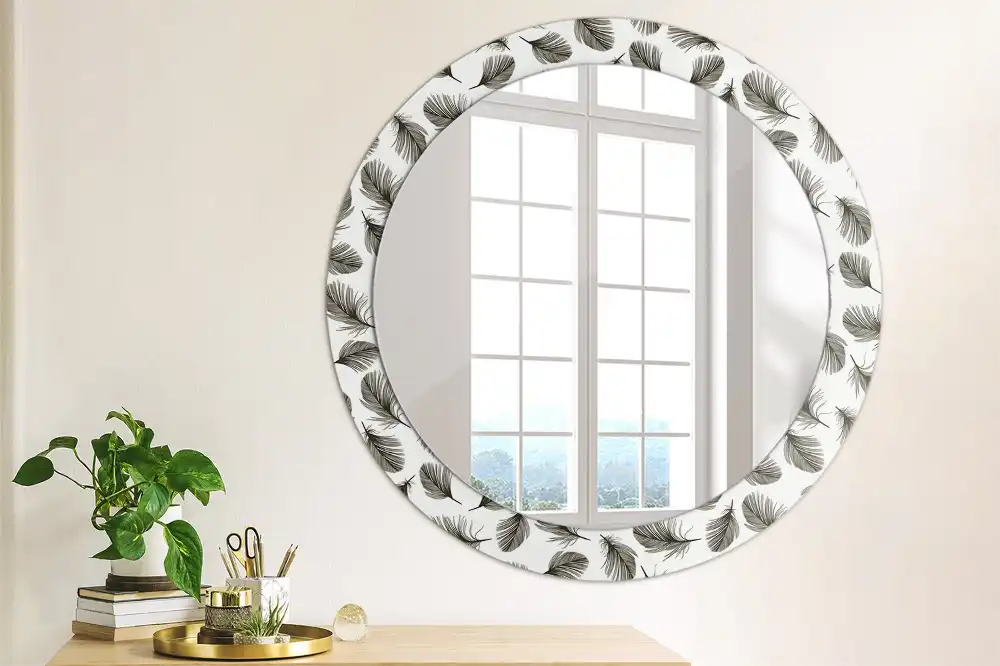Round mirror frame with print Feathers