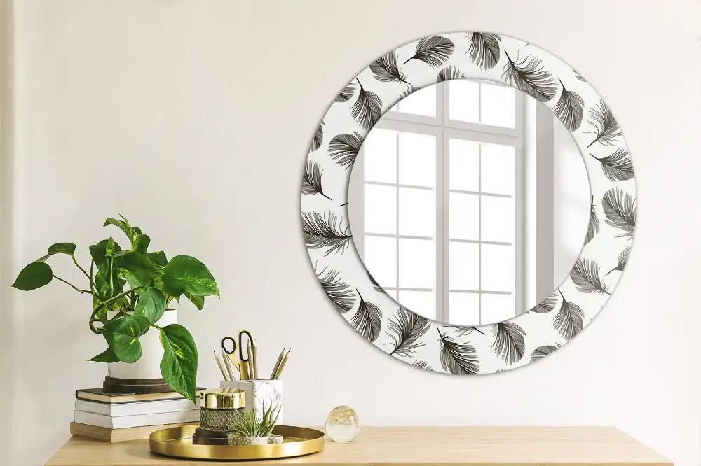 Round mirror frame with print Feathers