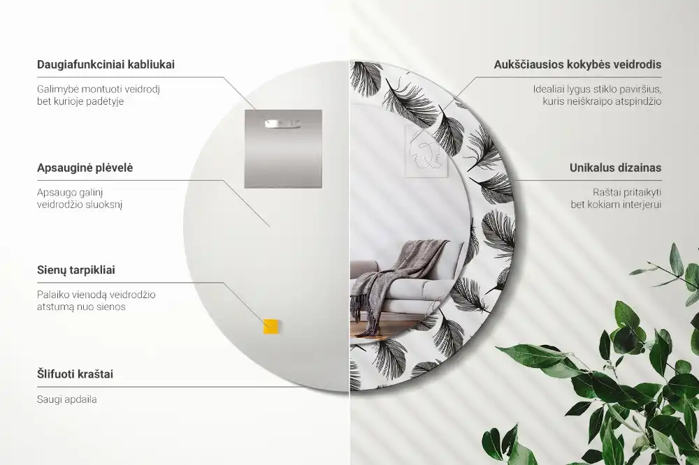 Round mirror frame with print Feathers