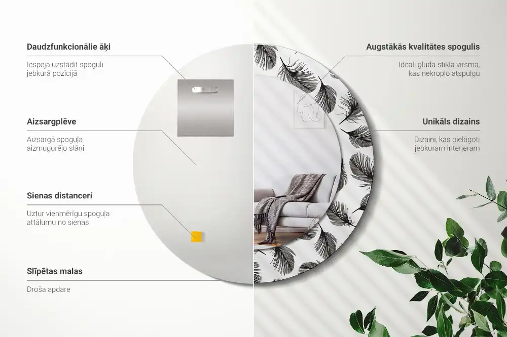Round mirror frame with print Feathers