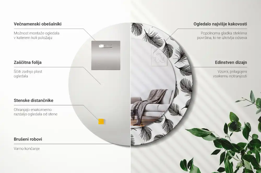 Round mirror frame with print Feathers