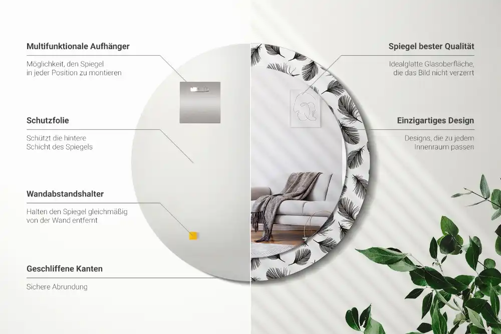 Round mirror frame with print Feathers