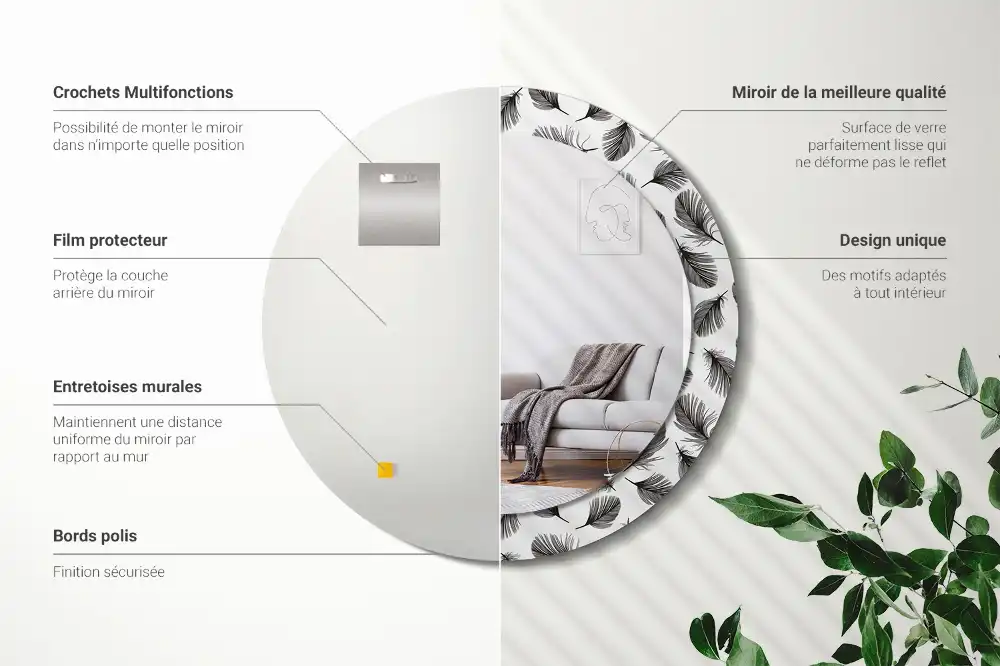 Round mirror frame with print Feathers