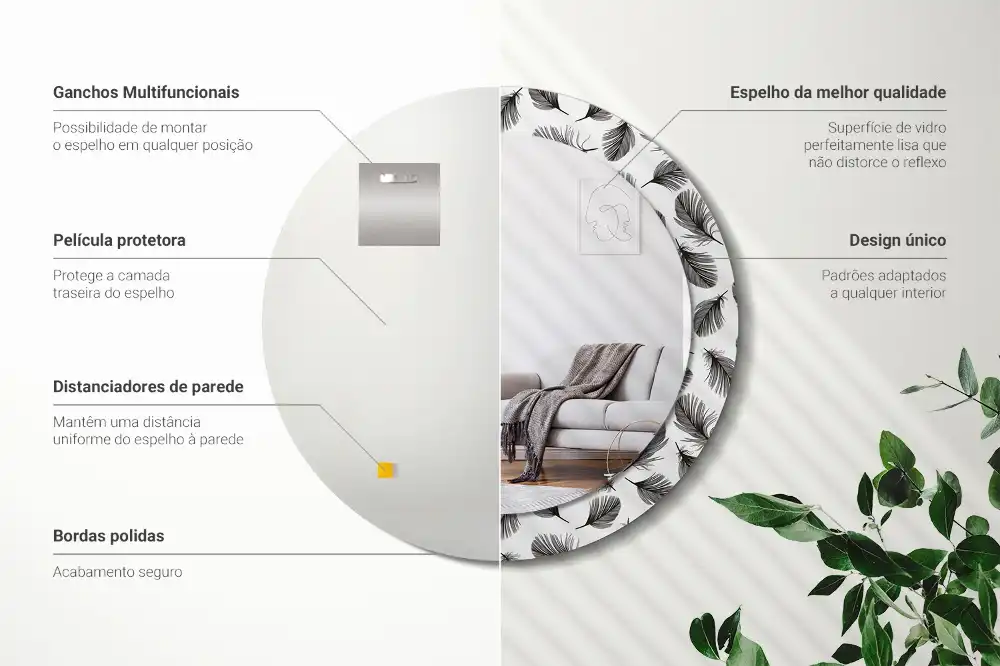 Round mirror frame with print Feathers