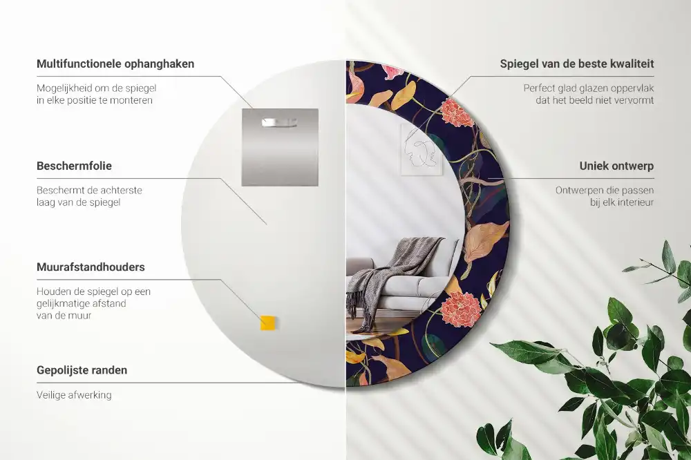 Round mirror frame with print Watercolor plants