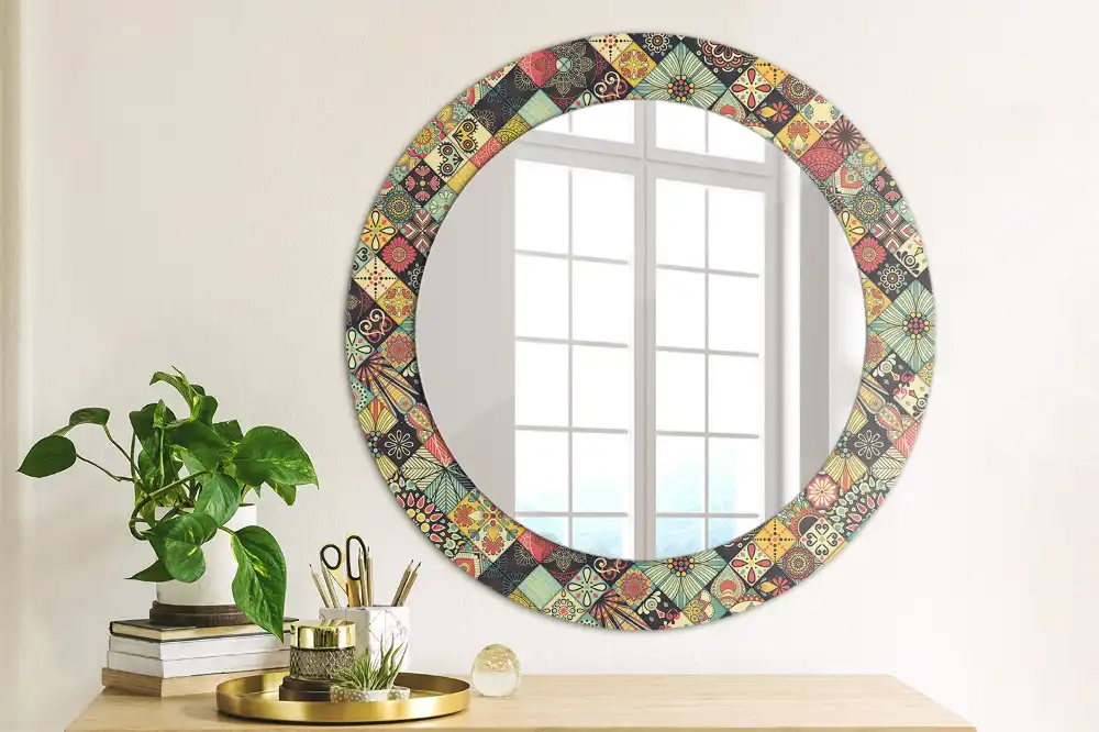 Round mirror frame with print Patchwork tiles