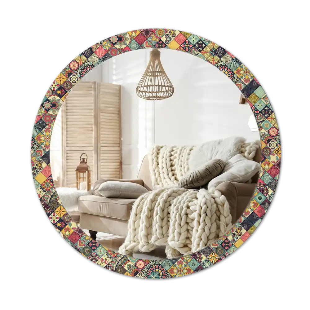 Round mirror frame with print Patchwork tiles