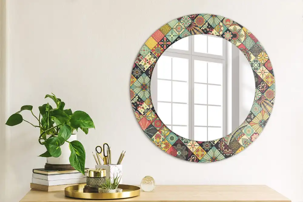 Round mirror frame with print Patchwork tiles