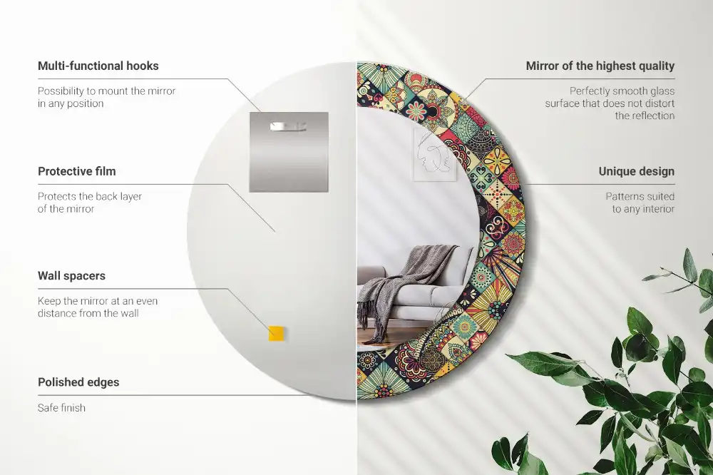 Round mirror frame with print Patchwork tiles