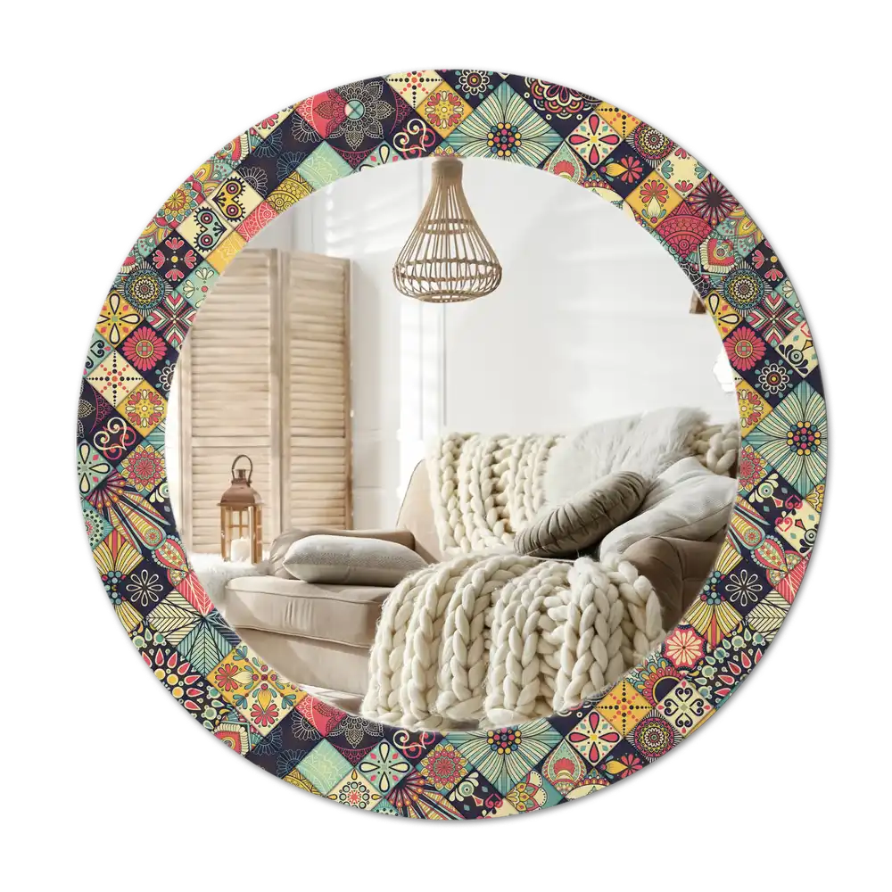 Round mirror frame with print Patchwork tiles