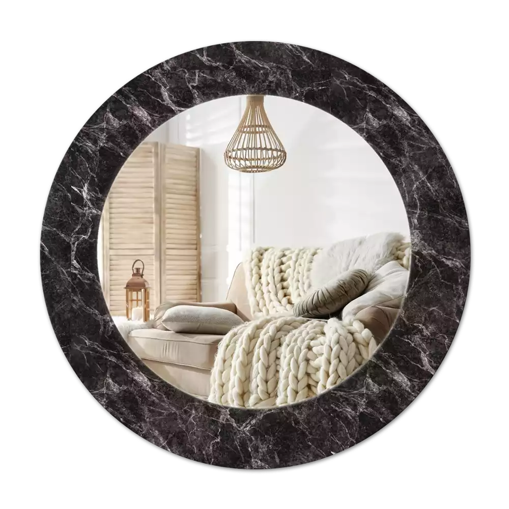 Round mirror frame with print Black marble