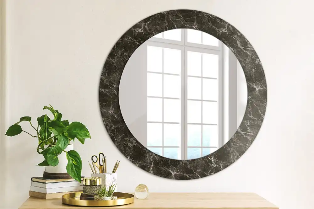 Round mirror frame with print Black marble