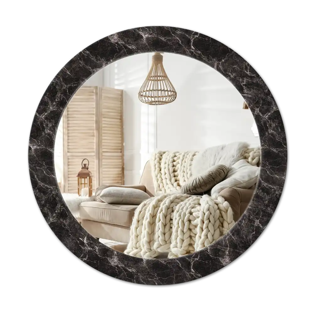 Round mirror frame with print Black marble