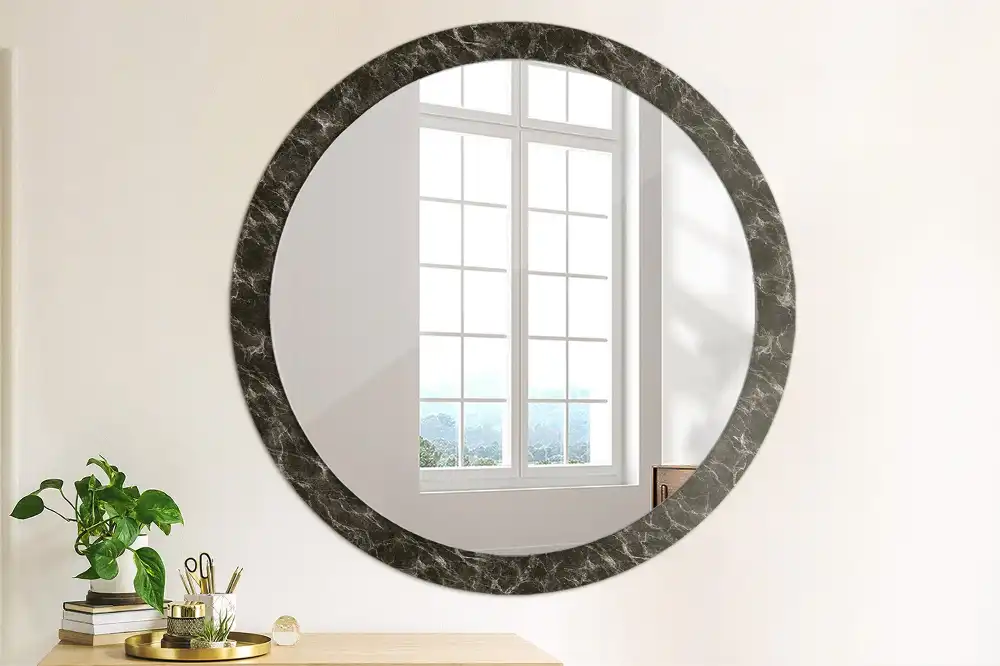 Round mirror frame with print Black marble
