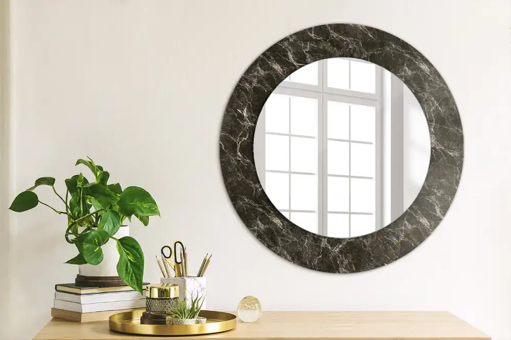 Round mirror frame with print Black marble