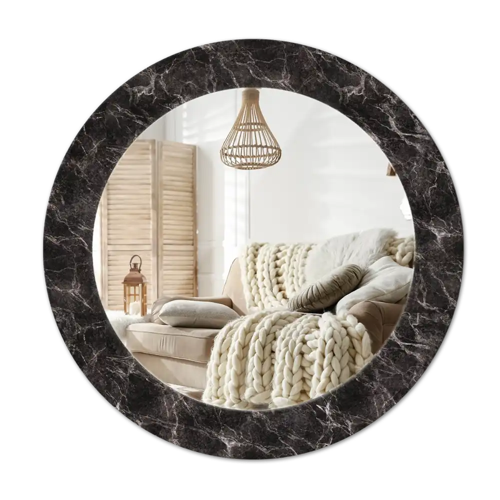 Round mirror frame with print Black marble
