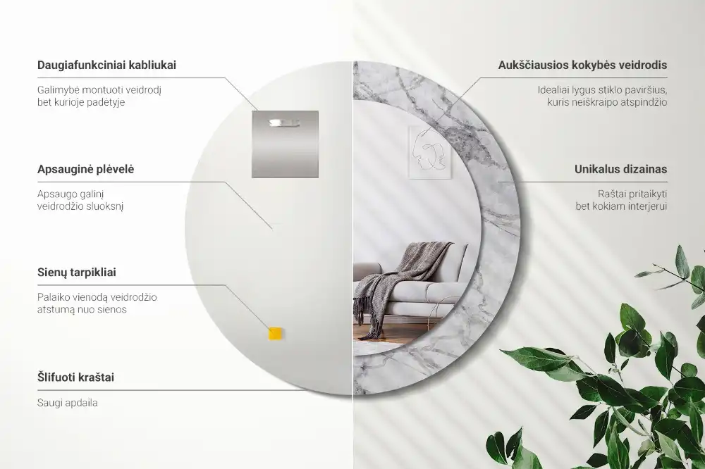 Round printed mirror White marble