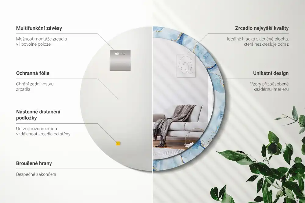 Round printed mirror Blue marble