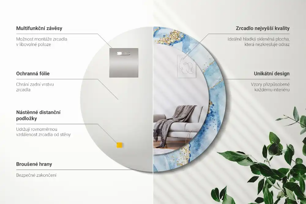 Round printed mirror Blue marble