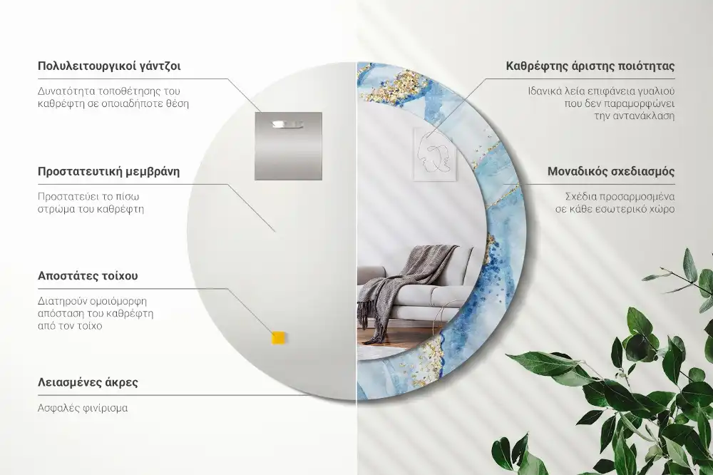 Round printed mirror Blue marble