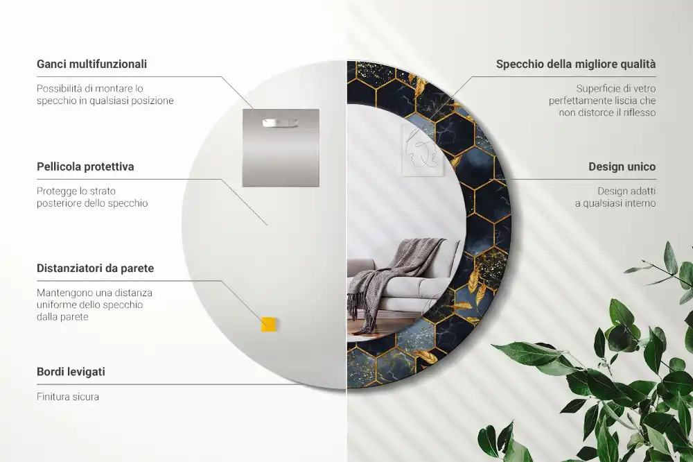 Round printed mirror Marble hexagon