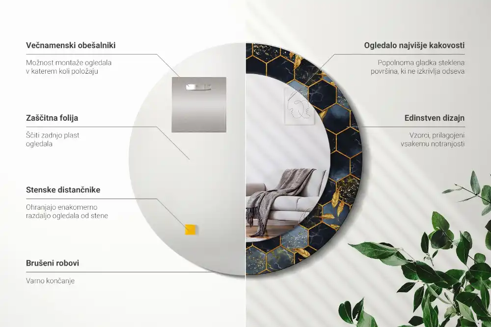 Round printed mirror Marble hexagon