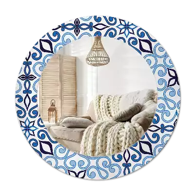Round mirror frame with print Blue Arabic Pattern