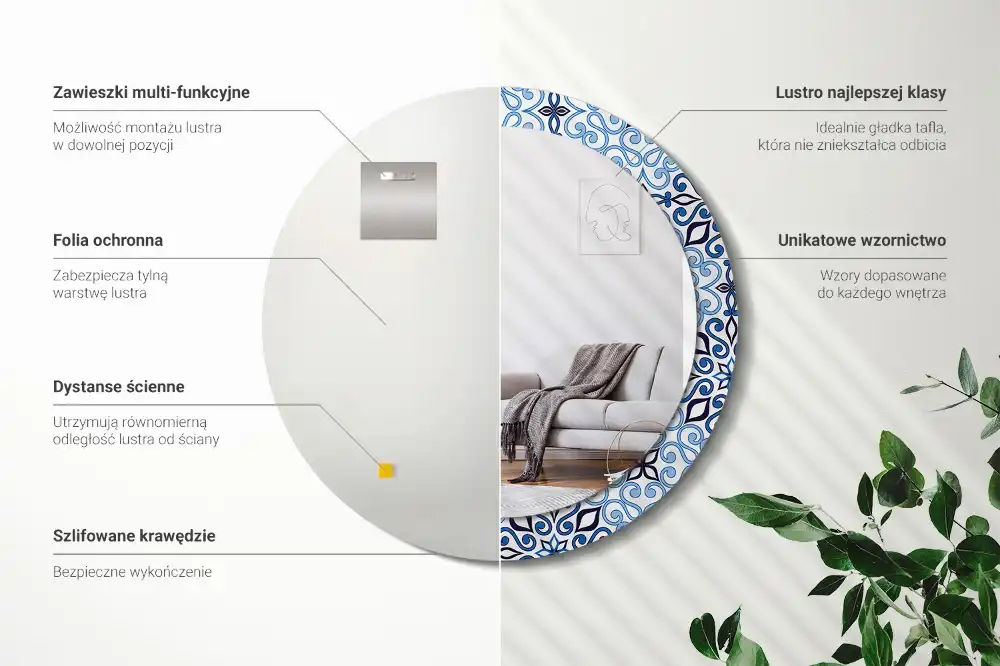 Round mirror frame with print Blue Arabic Pattern