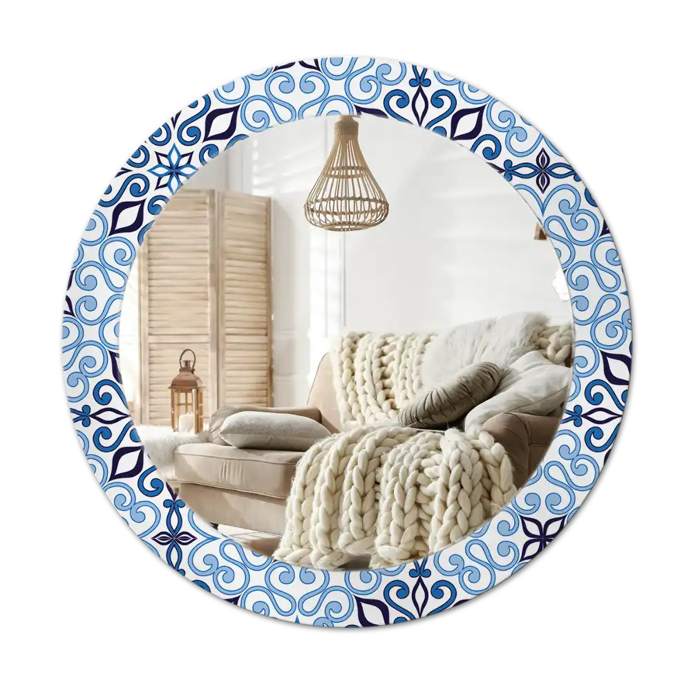 Round mirror frame with print Blue Arabic Pattern