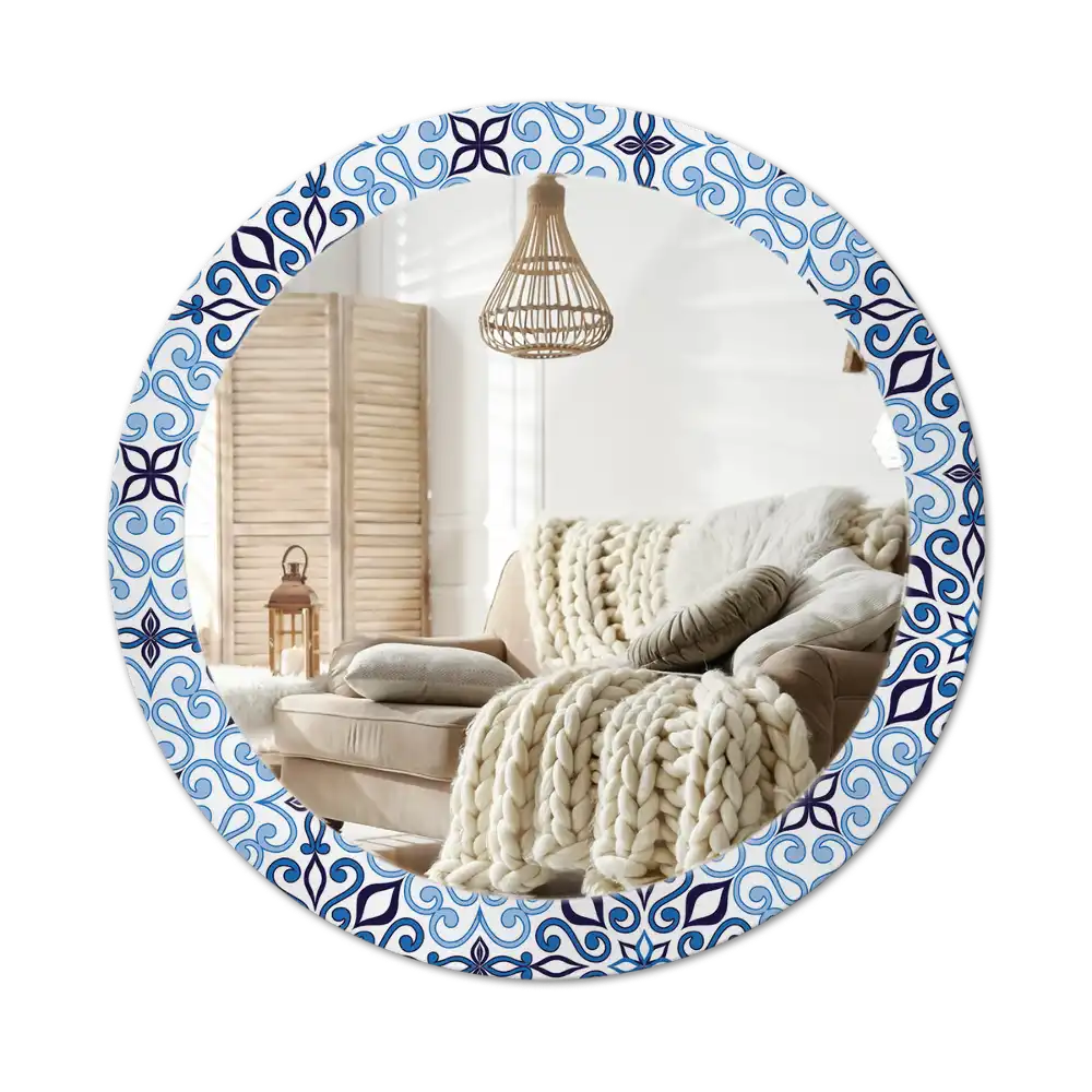 Round mirror frame with print Blue Arabic Pattern