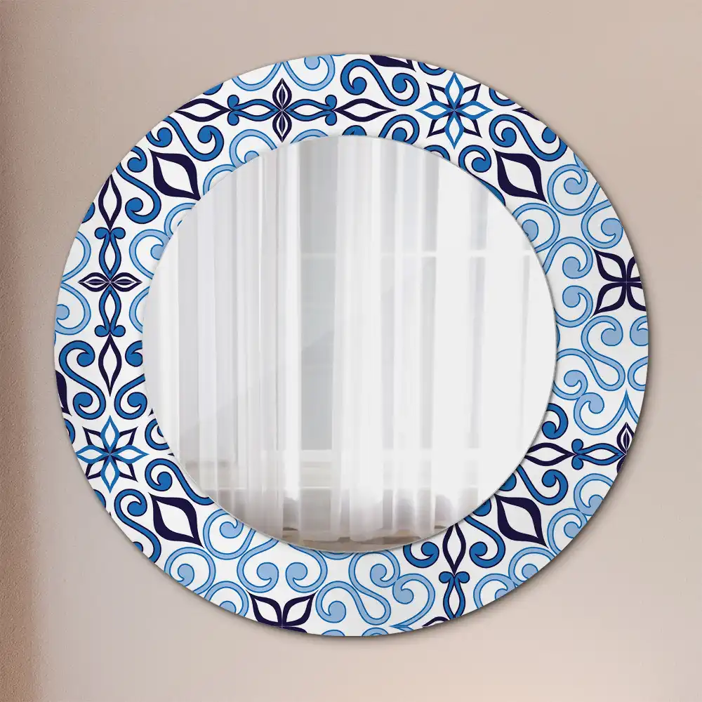 Round mirror frame with print Blue Arabic Pattern