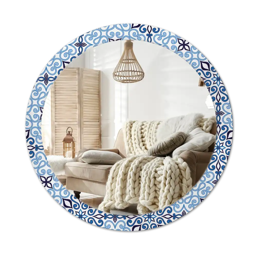 Round mirror frame with print Blue Arabic Pattern