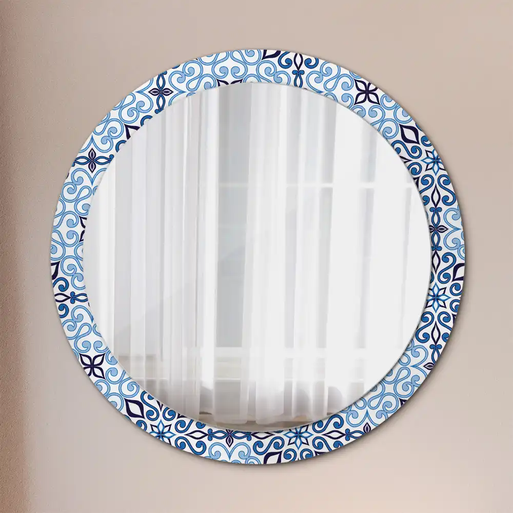 Round mirror frame with print Blue Arabic Pattern