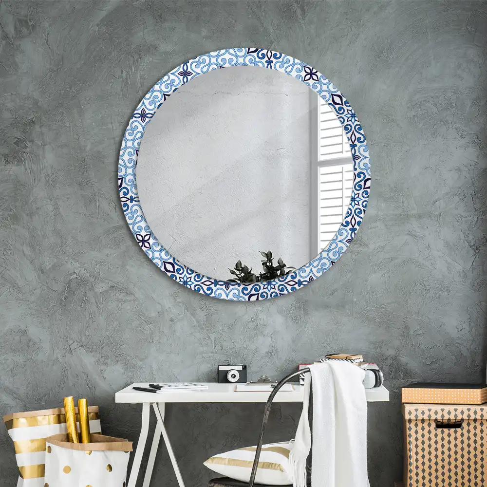 Round mirror frame with print Blue Arabic Pattern
