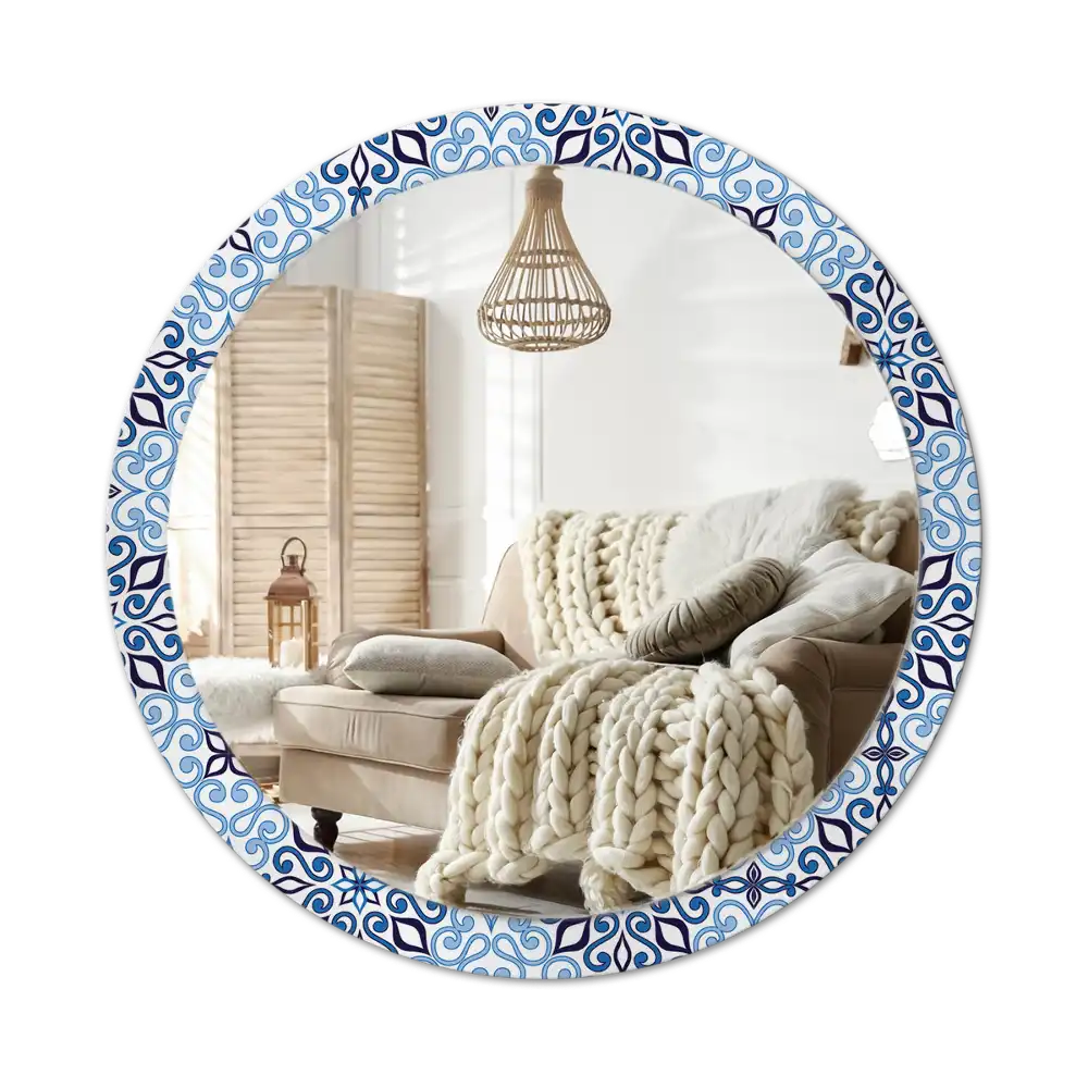 Round mirror frame with print Blue Arabic Pattern