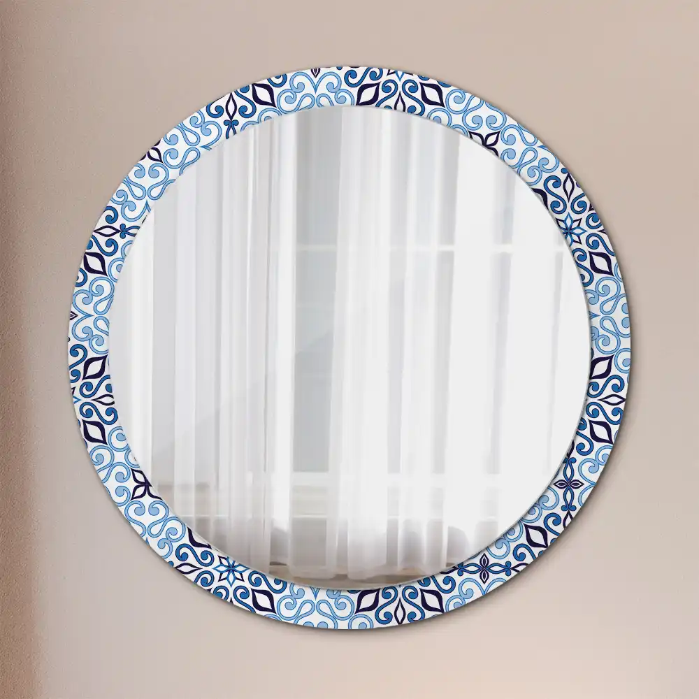 Round mirror frame with print Blue Arabic Pattern