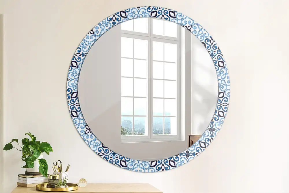 Round mirror frame with print Blue Arabic Pattern
