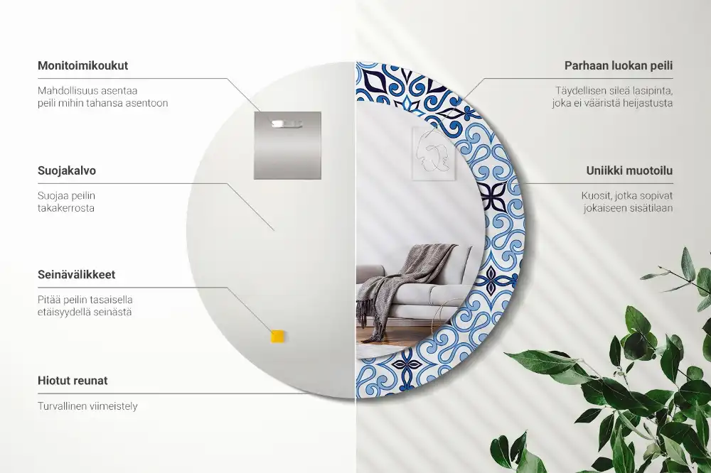Round mirror frame with print Blue Arabic Pattern