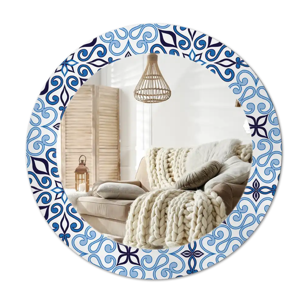 Round mirror frame with print Blue Arabic Pattern
