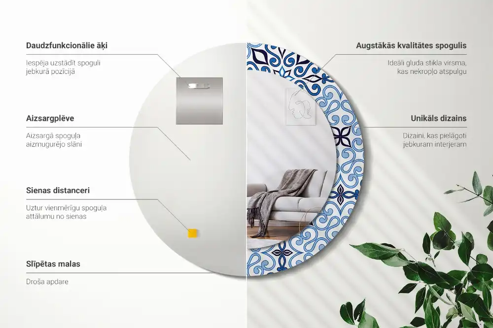 Round mirror frame with print Blue Arabic Pattern