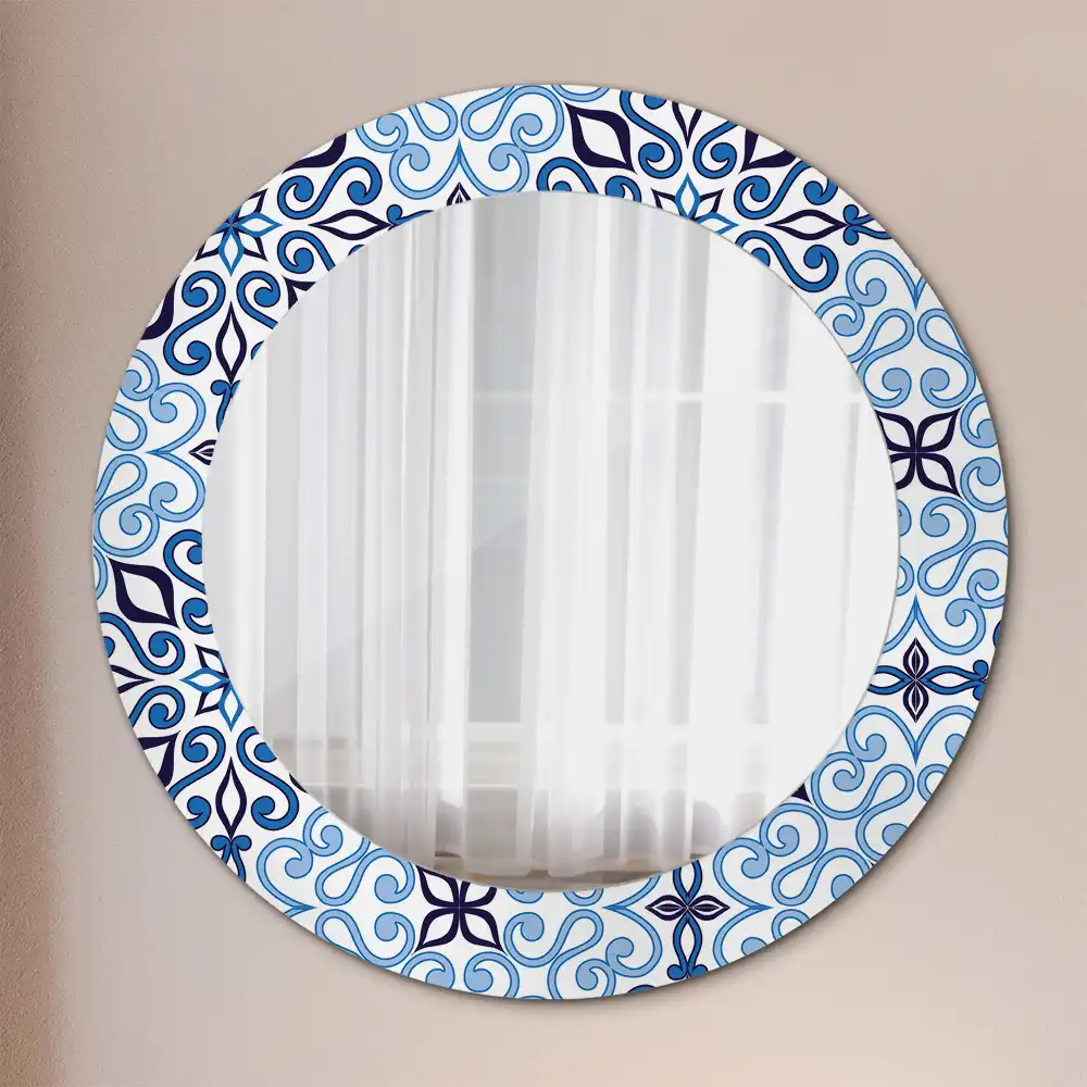 Round mirror frame with print Blue Arabic Pattern