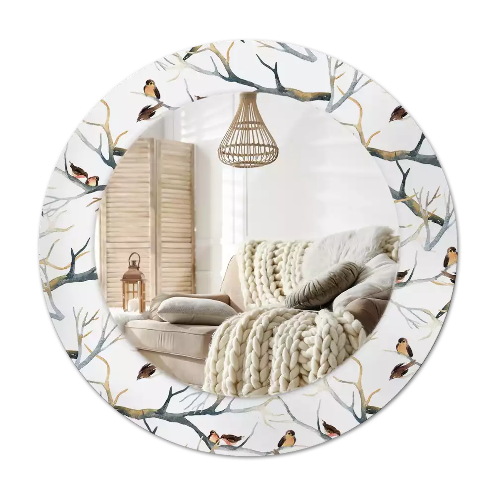 Round printed mirror Sparrows birds branches