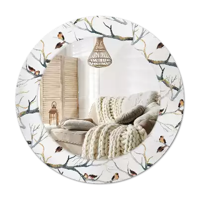 Round printed mirror Sparrows birds branches